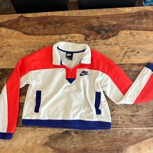 Women’s Nike Cropped Half Zip Pullover Fleece Jacket Cream Orange Blue Small